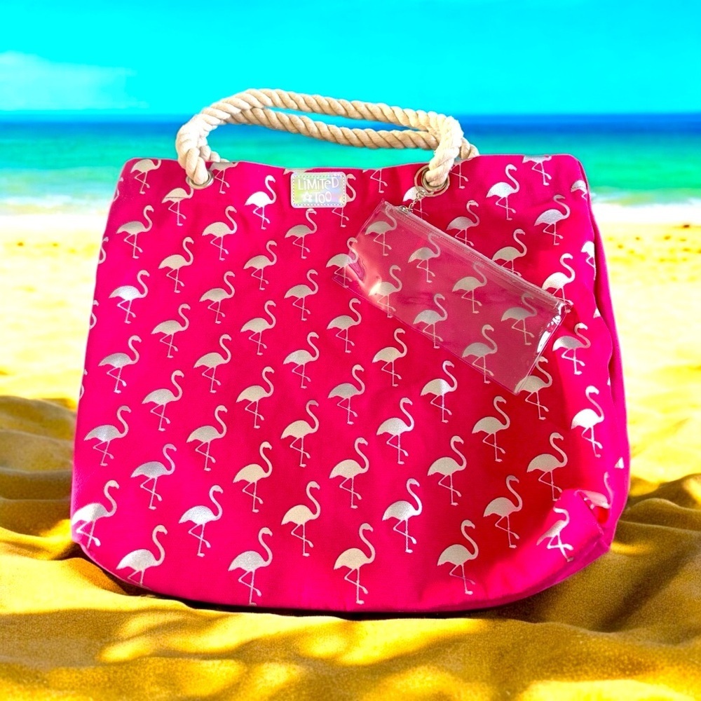 LIMITED TOO Pink Flamingo Tote with Cotton Rope Handles and Extra Make-up Bag